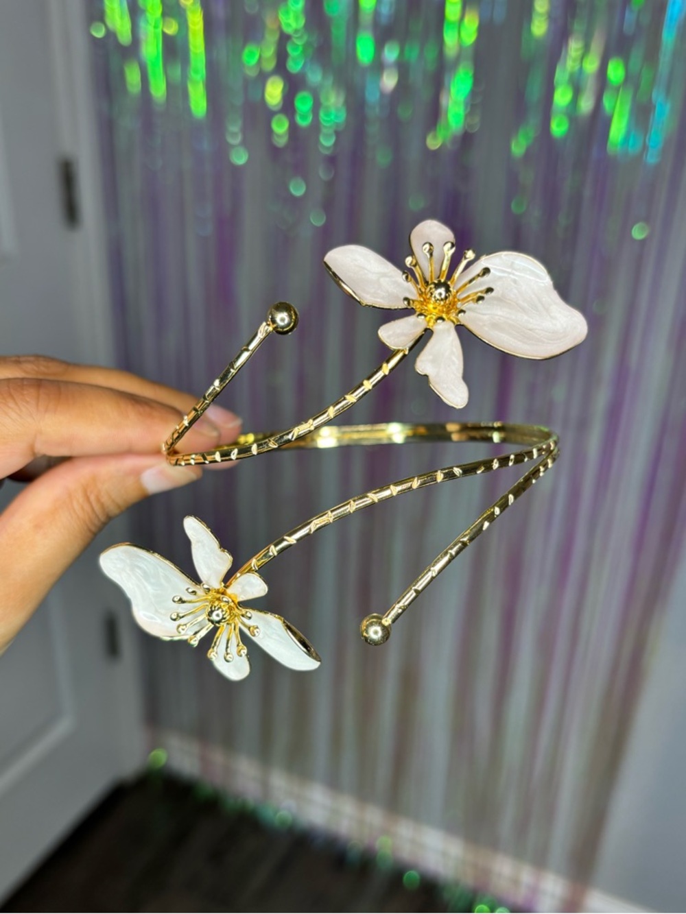 Gold Flower Wrap Around Cuff W/ White Petal Accents Adjustable Spiral Wire